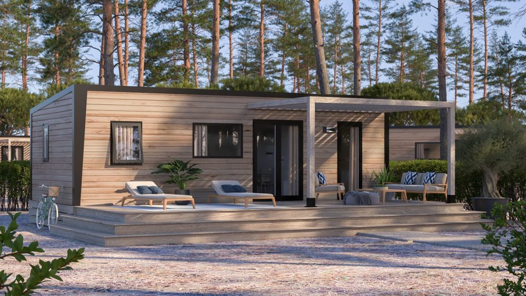 residences trigano mobil home 2chambres nest35 2 plan 3D ext